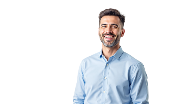 Happy man wearing light blue shirt smiling confidently, isolated style on white background, concept of positivity and professional image. Ai generative