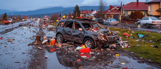 Aftermath of a severe flood event, with damaged car, debris on the street, and rescue service
