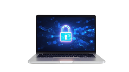 Laptop with digital padlock on screen, futuristic style, isolated on white background. Concept of cybersecurity and data protection. Ai generative