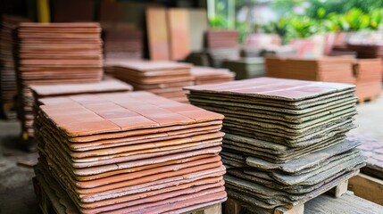 Stacks of glazed ceramic tiles ready for packaging and distribution.