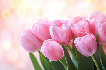 Fototapeta premium A vibrant bouquet of pink tulips against a soft, dreamy background, perfect for spring and nature-themed projects.