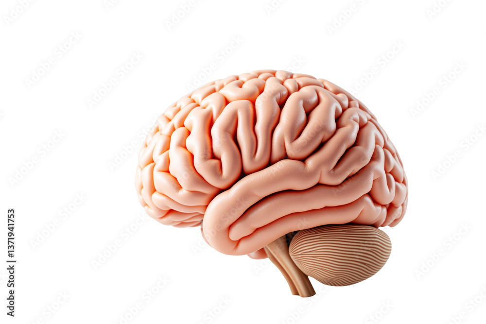 Poster human brain anatomical model isolated with realistic texture and soft lighting on white background, 