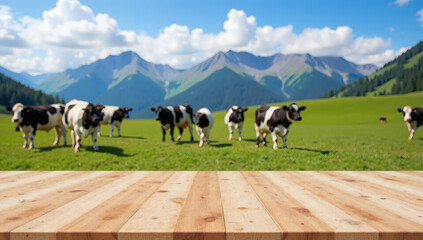 Scenic Meadow & Cows on Wooden Tabletop, Perfect for Dairy Product Promotions, Banner Mockups, and Natural Backdrops with Copy Space