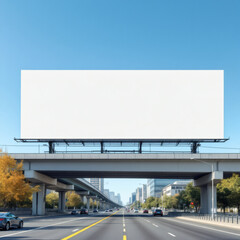 Fototapeta premium White Big Empty Mockup Banner Billboard Over Road, Advertising, Marketing, Promotion, City Roadway, Commerce, Copy Space, Blue Sky, Canvas, Billboard Mockup, Urban Advertising