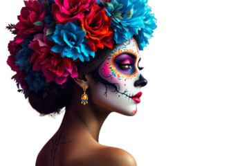 Woman with Day of the Dead face paint and large floral crown in colorful artistic style on white background, concept of cultural celebration. Ai generative