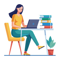 a woman is using his laptop sitting on a chair looking in the laptop  colourful vector on a white background