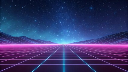 Retro 80s synthwave landscape with neon grid road and starry sky.