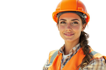 Woman construction worker in orange helmet and vest, realistic photo style, isolated on white background, concept of safety and industry, Ai generative