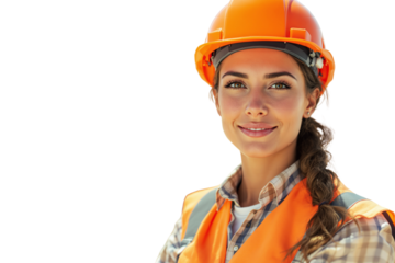 Woman construction worker in orange helmet and vest, realistic photo style, isolated on white background, concept of safety and industry, Ai generative