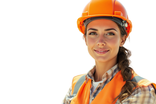 Woman construction worker in orange helmet and vest, realistic photo style, isolated on white background, concept of safety and industry, Ai generative