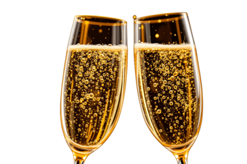 Two champagne glasses with sparkling golden drink clinking together, realistic style, isolated on white background. Concept of celebration. Ai generative