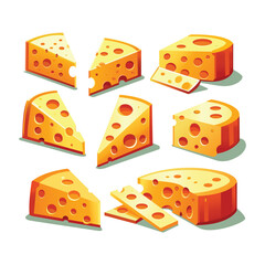 Realistic vector set of cheese slices, wedges and cubes isolated on white background