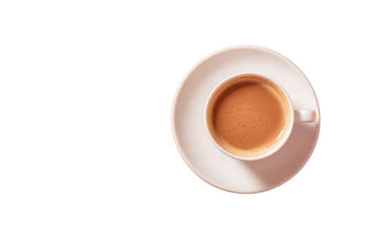 Cup of espresso coffee in white ceramic cup and saucer, top view, isolated on white background, clean layout concept. Ai generative