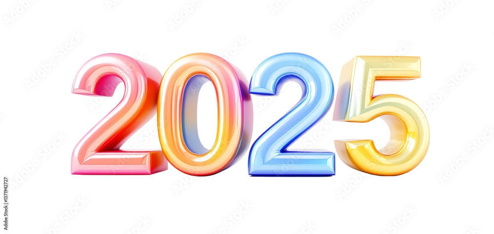 Poster glossy multicolored numbers forming 2025 in a closeup clean style, isolated on white background, con