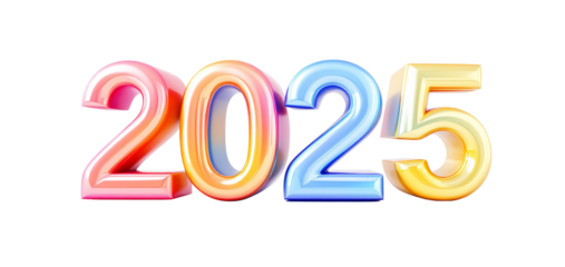 Glossy multicolored numbers forming 2025 in a closeup clean style, isolated on white background, concept of new year celebration template. Ai generative