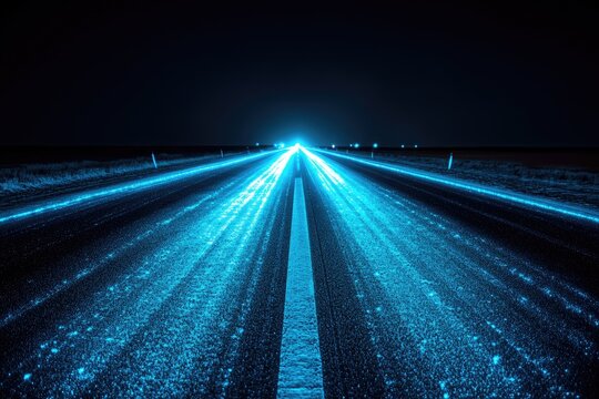 Blue luminous streaks on a dark road under the night sky, leading to a bright light source in the distance