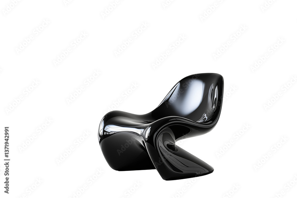 Poster glossy black abstract lounge chair with fluid modern shape, isolated on clean white background, conc