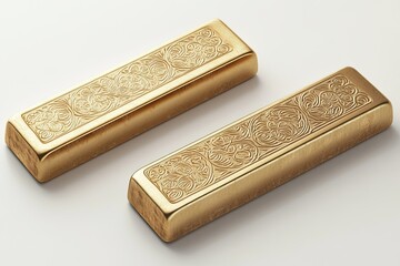 Fototapeta premium Two Gold Bars with Ornamental Floral Engravings on a White Background Wealth Concept