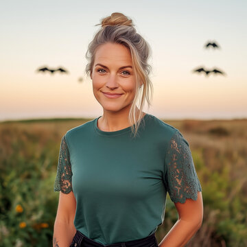 Women's calypso blue shirt with lace sleeves mockup, blank template for Halloween, Thanksgiving designs. Lady in elegant tee standing in field, silhouettes of flying bats against sunset sky