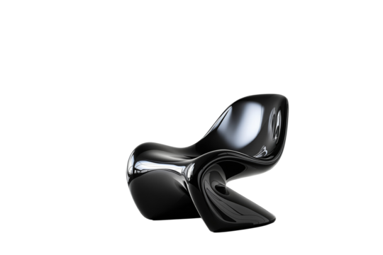 Glossy black abstract lounge chair with fluid modern shape, isolated on clean white background, concept of futuristic furniture element. Ai generative