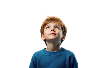 Young boy with light brown hair wearing blue shirt looking upwards, isolated closeup style on white background, concept of curiosity. Ai generative