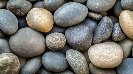 A heap of round, smooth river stones in shades of gray and beige.