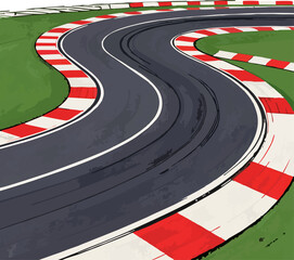 illustration A close-up view of a race track bend featuring tire marks and red and white striped roadside markings.