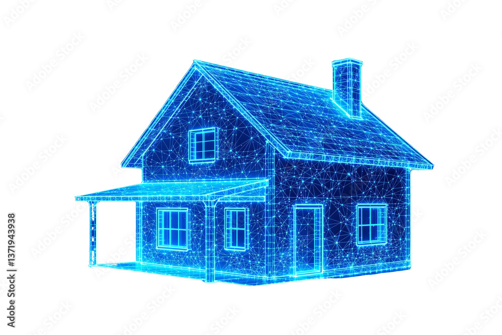 Poster glowing blue digital house made of wireframe mesh structure, futuristic graphic style, isolated on w