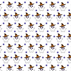 Seamless pattern with the image of a ghost with a hat, Halloween holiday