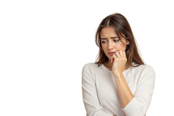 Young woman looking worried with hand on chin, realistic style, isolated on white background, concept of anxiety or contemplation, Ai generative