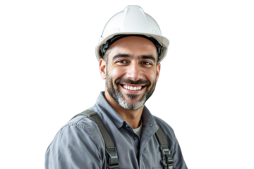 Smiling male construction worker in uniform and helmet, closeup style on white background. Concept of safety, labor, and professional industry. Ai generative
