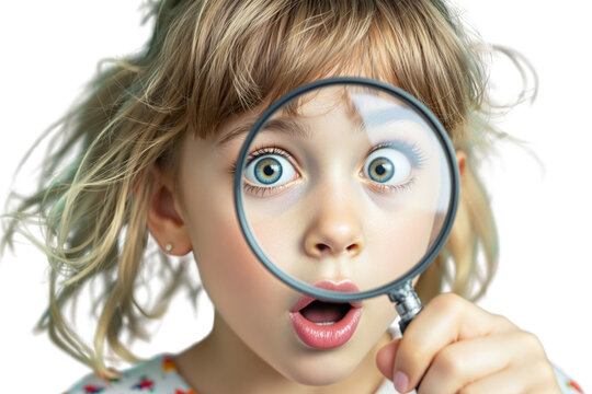 Surprised child holding magnifying glass close to face with wide eyes and open mouth, isolated closeup on white background, concept of curiosity. Ai generative - Powered by Adobe