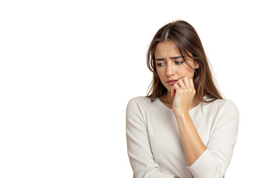 Young woman looking worried with hand on chin, realistic style, isolated on white background, concept of anxiety or contemplation, Ai generative