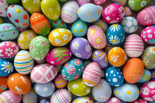 A large pile of colorful Easter eggs with various patterns and designs.