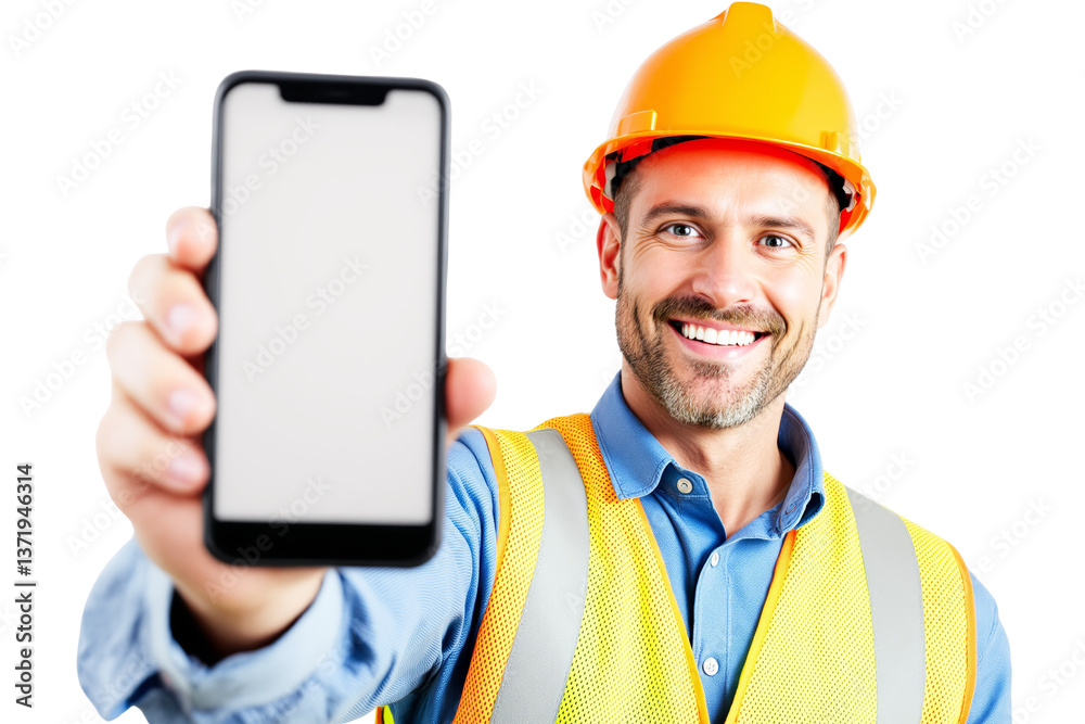 Poster construction worker in safety vest and helmet showing blank phone screen, isolated on white backgrou