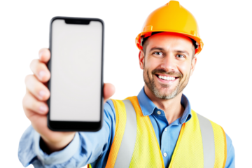 Construction worker in safety vest and helmet showing blank phone screen, isolated on white background, clean concept for design or app template. Ai generative