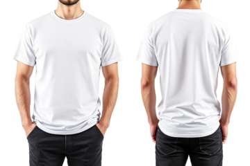 Male model in white t-shirt shown from front and back, realistic style, isolated on white background, concept for clothing template design. Ai generative