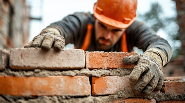 Close-up view of a worker in safety gear installing bricks while maintaining a safe and organized construction environment.