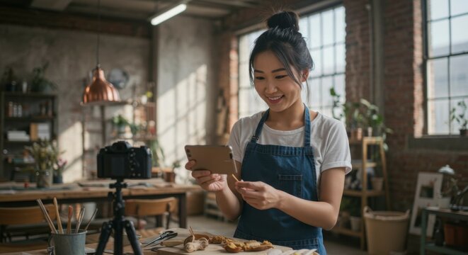 Woman vlogging food prep in a loft-style kitchen