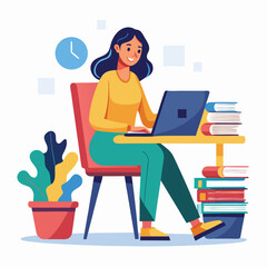 a woman is using his laptop sitting on a chair looking in the laptop  colourful vector on a white background