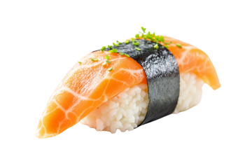 Salmon sushi nigiri with rice and seaweed detail isolated on white background, closeup food concept for Japanese cuisine layout. Ai generative