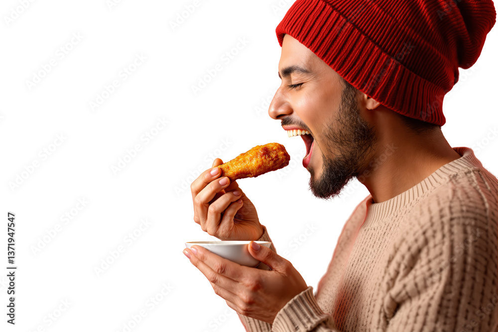 Poster man in red beanie eating crispy chicken drumstick, closeup style, isolated on white background, conc