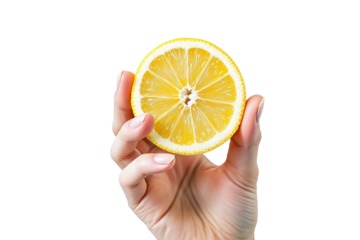 Woman's hand holding a lemon slice, closeup photography style, isolated on white background, concept of freshness and healthy eating. Ai generative