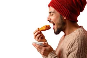 Man in red beanie eating crispy chicken drumstick, closeup style, isolated on white background, concept of food enjoyment. Ai generative