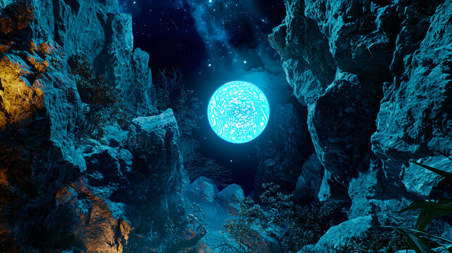 Full moon illuminating a cave's interior with ethereal light creating a dreamlike atmosphere in a surreal timeless landscape of wonder.