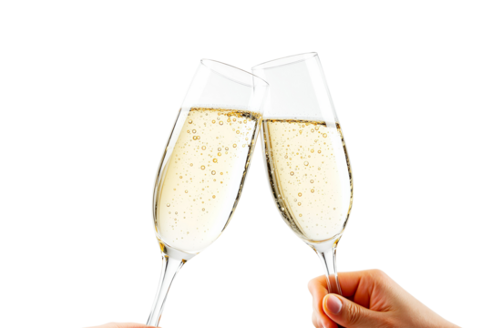 Two hands clinking champagne glasses, isolated photo style, on a white background, concept of celebration, toast, or festive moment. Ai generative