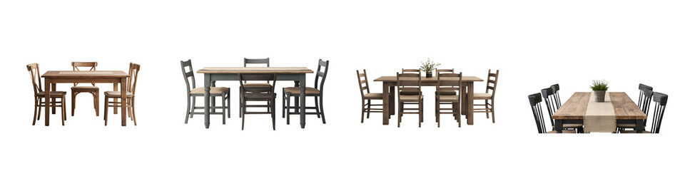 Collection of different dining room furniture sets including wooden tables and chairs in various styles and designs creating comfortable and stylish dining spaces