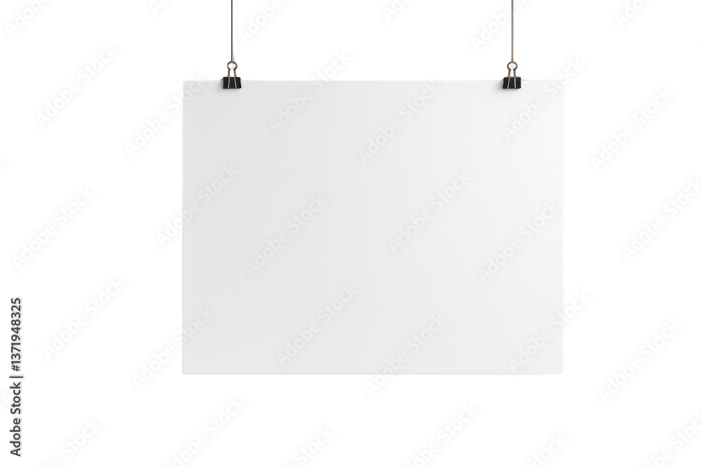 Poster empty white paper sheet suspended by binder clips and wires, minimal style on white background, conc
