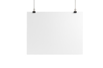 Empty white paper sheet suspended by binder clips and wires, minimal style on white background, concept of clean presentation or design element, Ai generative