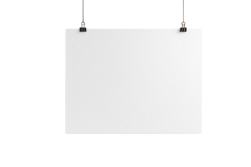 Empty white paper sheet suspended by binder clips and wires, minimal style on white background, concept of clean presentation or design element, Ai generative